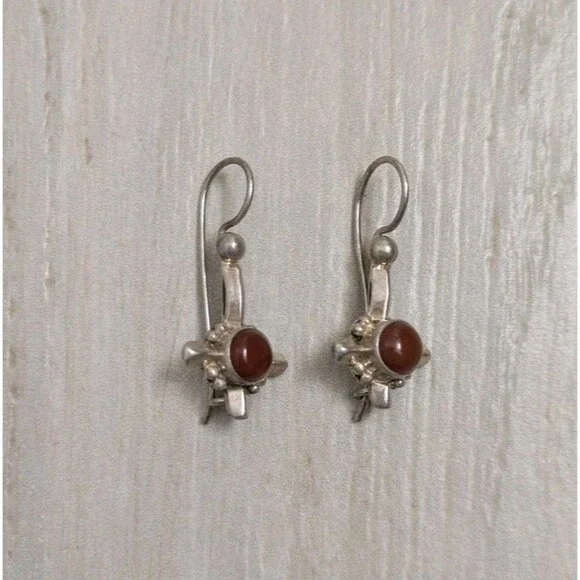 925 Sterling Silver Artisan Sterling Silver Carnelian Earrings Israeli Drop - Picture 1 of 5